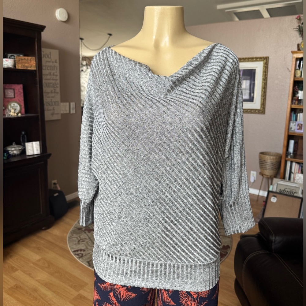 Misia gray3/4 sleeves front hanging neckline silky blouse-size XL